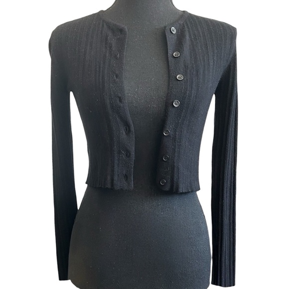 Black Ribbed Button-Up Crop Cardigan - Picture 1 of 6